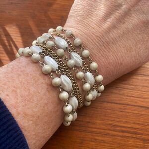 Vintage White Gold Pearl Bead Gold Chain Ornate Box Clasp Statement Bracelet
